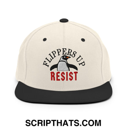 Flippers Up Resist Penguin Embroidered Flat Bill Brim Snapback Hat Natural Black