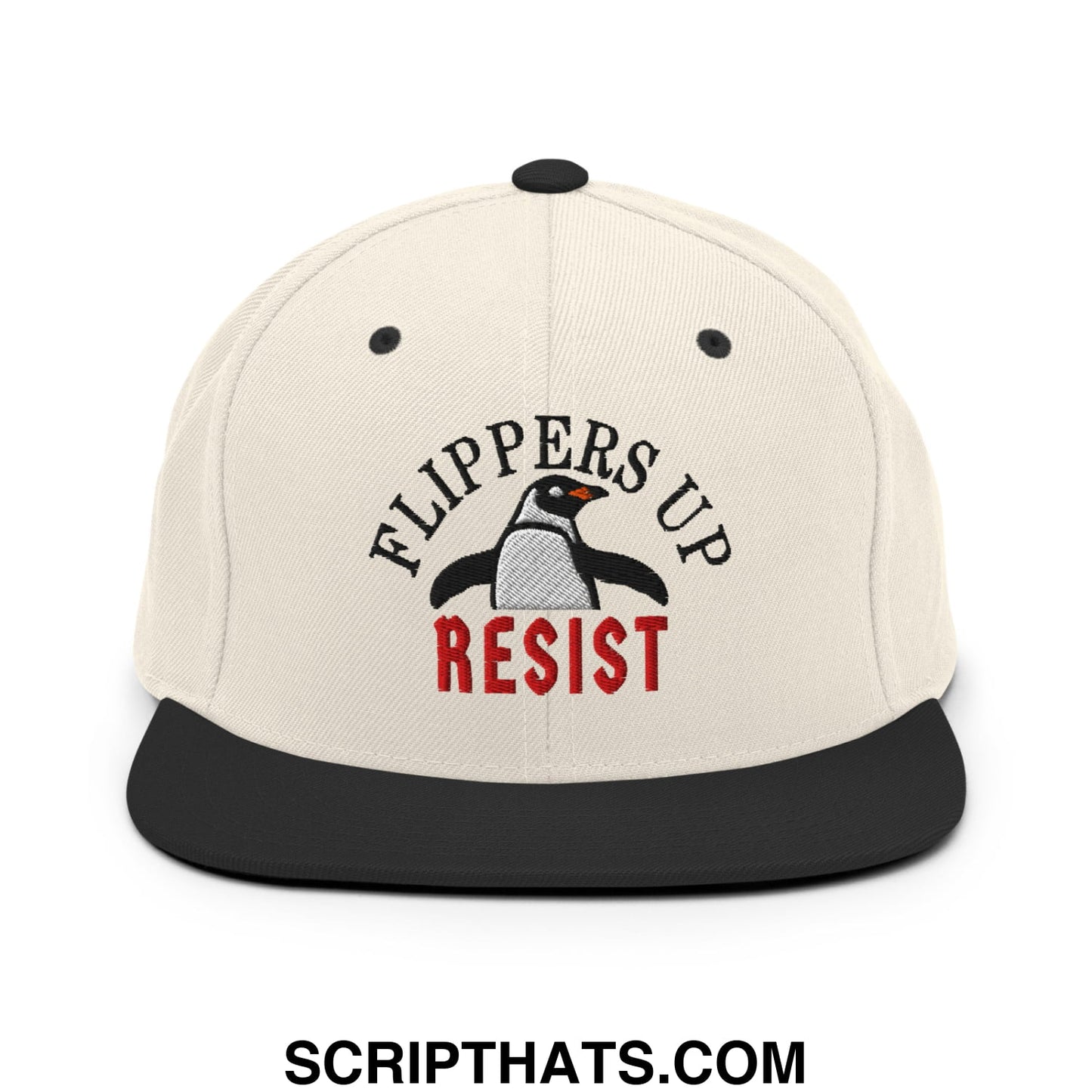Flippers Up Resist Penguin Embroidered Flat Bill Brim Snapback Hat Natural Black