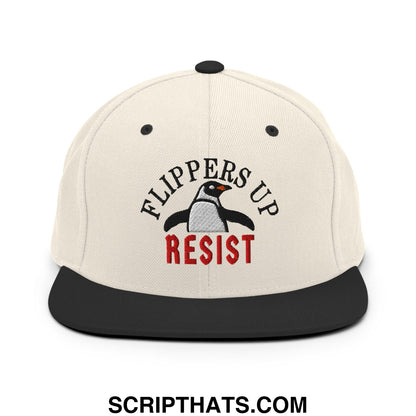 Flippers Up Resist Penguin Embroidered Flat Bill Brim Snapback Hat Natural Black