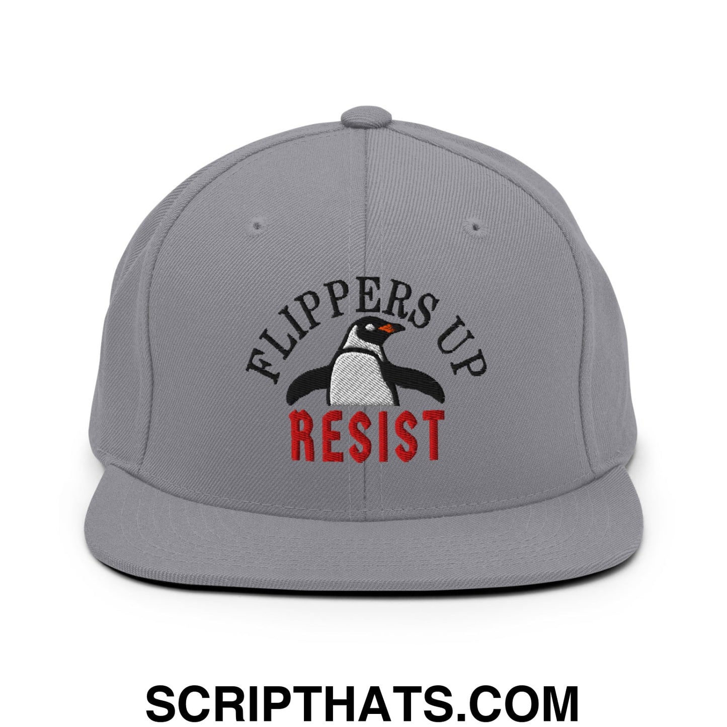 Flippers Up Resist Penguin Embroidered Flat Bill Brim Snapback Hat Silver