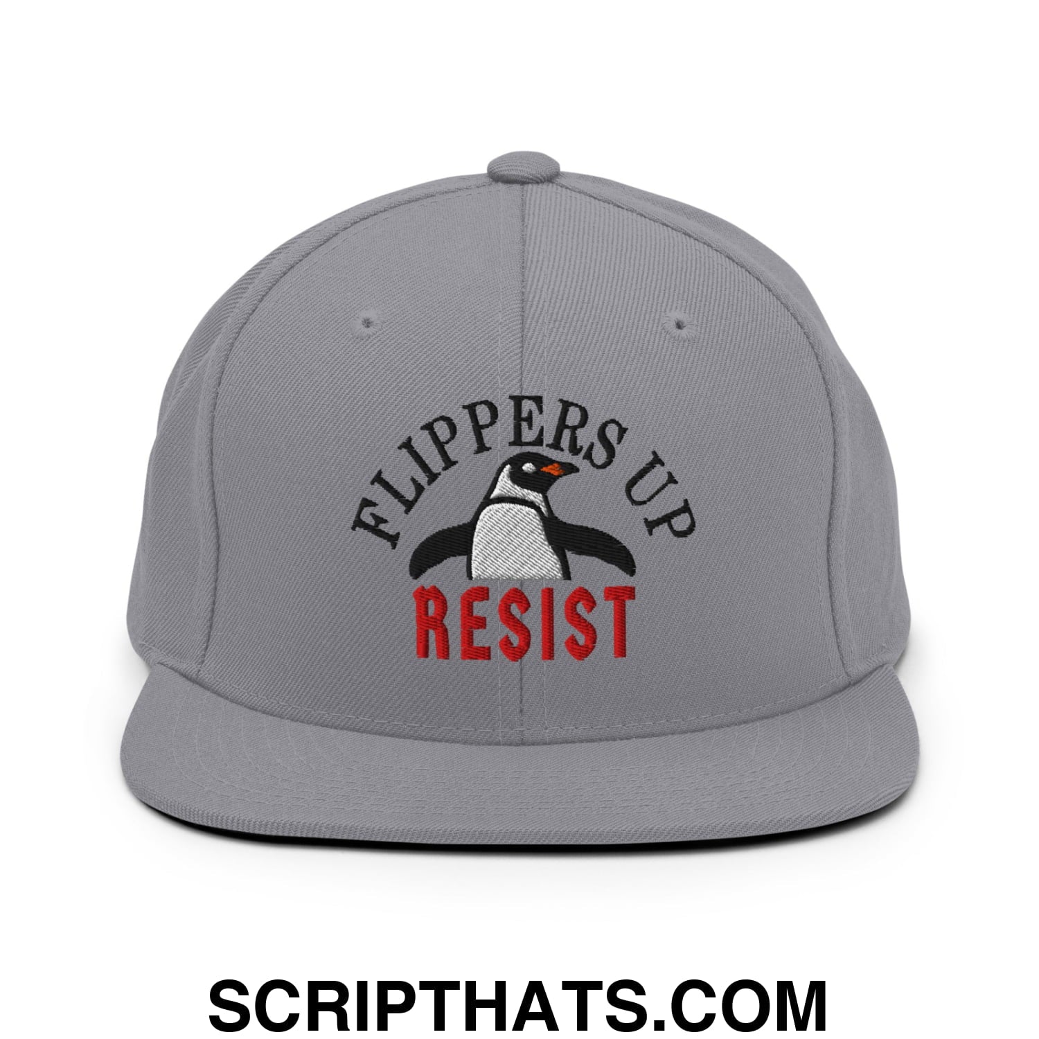 Flippers Up Resist Penguin Embroidered Flat Bill Brim Snapback Hat Silver