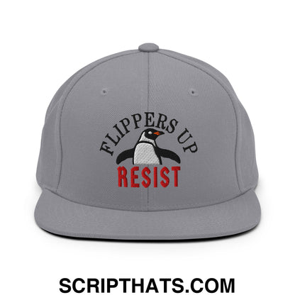 Flippers Up Resist Penguin Embroidered Flat Bill Brim Snapback Hat Silver