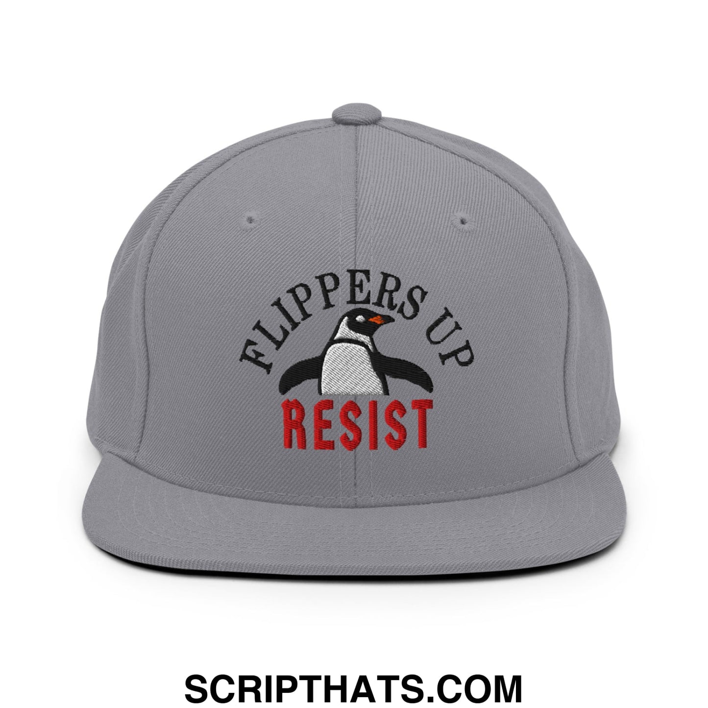 Flippers Up Resist Penguin Embroidered Flat Bill Brim Snapback Hat Silver