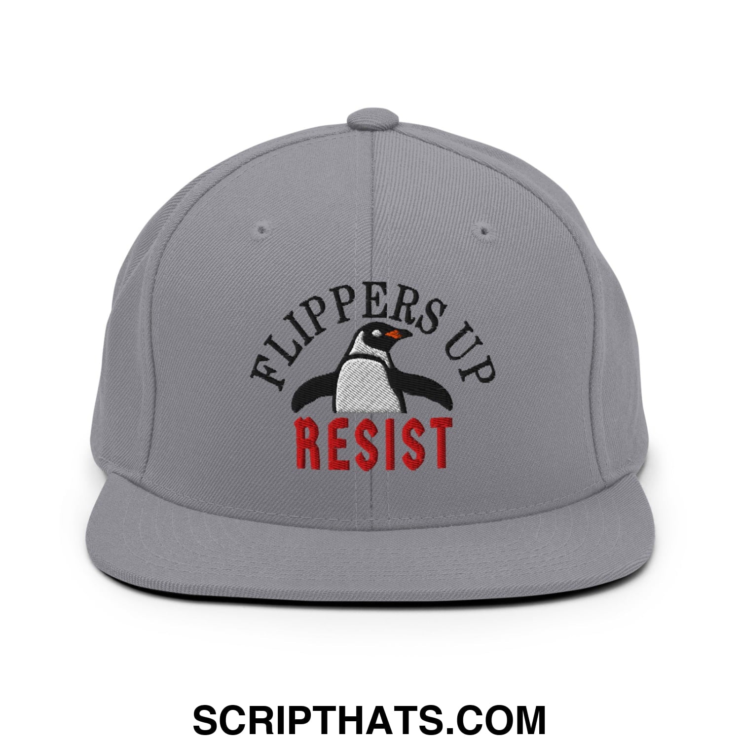 Flippers Up Resist Penguin Embroidered Flat Bill Brim Snapback Hat Silver