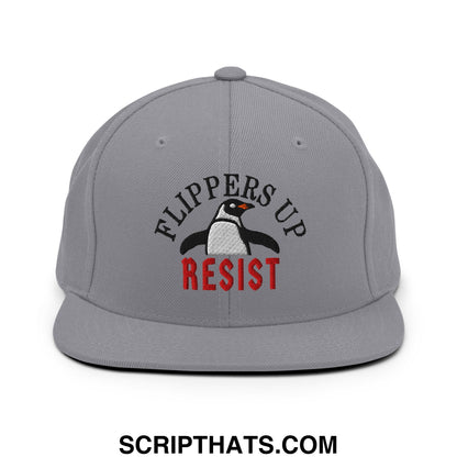 Flippers Up Resist Penguin Embroidered Flat Bill Brim Snapback Hat Silver