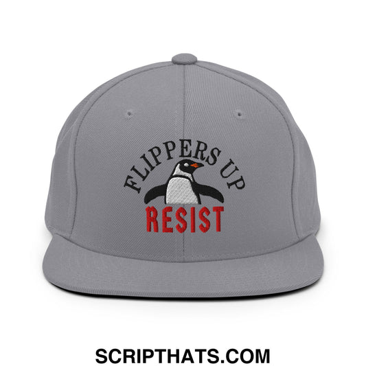 Flippers Up Resist Penguin Embroidered Flat Bill Brim Snapback Hat Silver