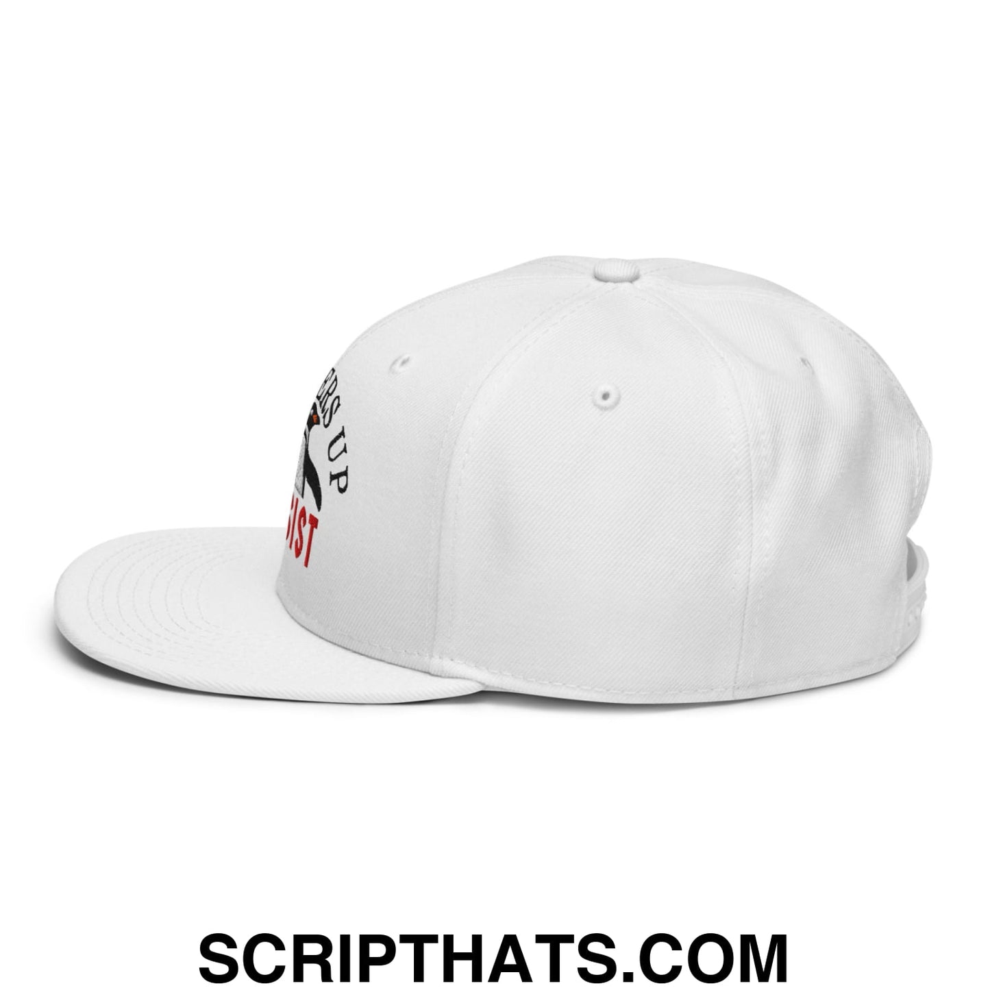 Flippers Up Resist Penguin Embroidered Flat Brim Bill Snapback Hat White