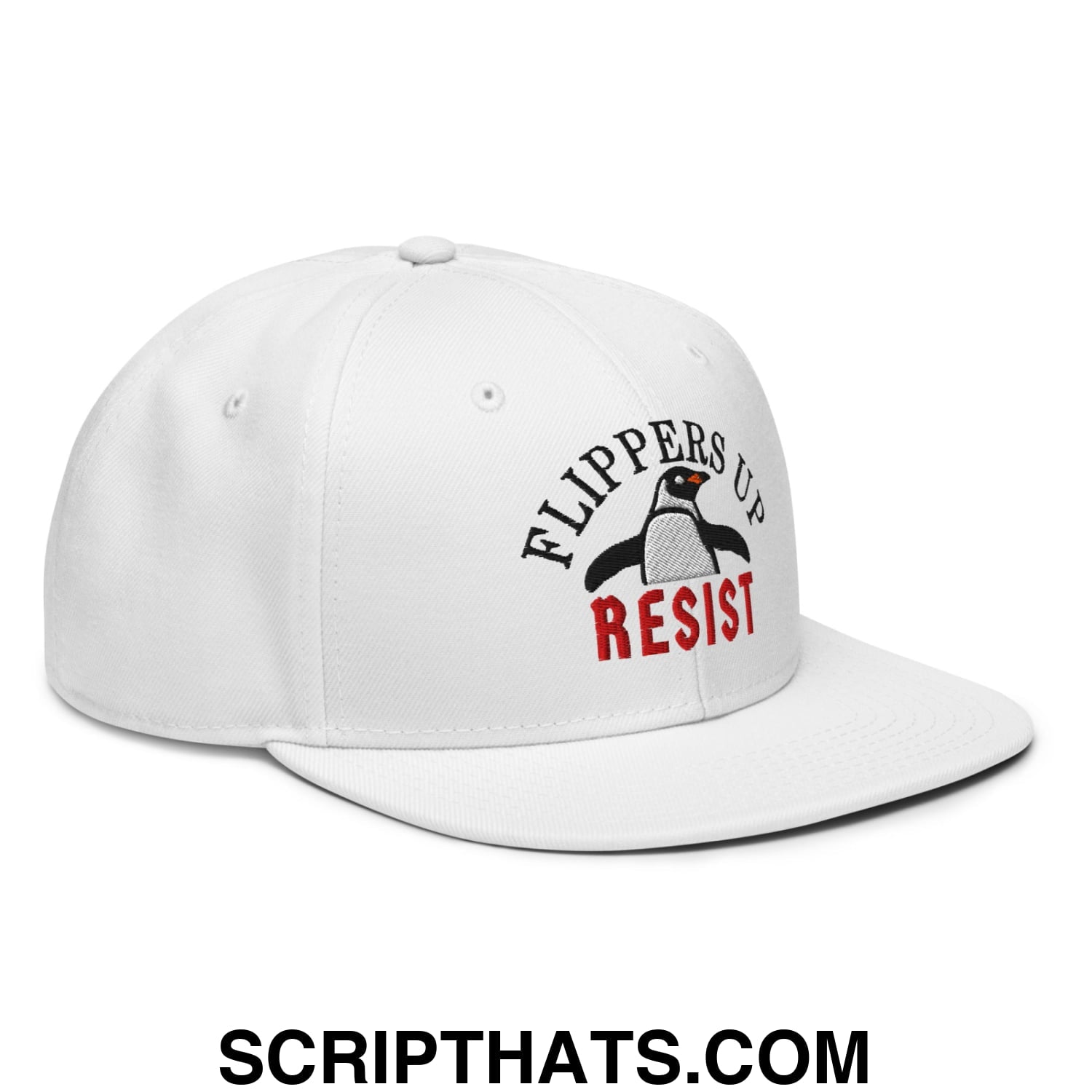 Flippers Up Resist Penguin Embroidered Flat Brim Bill Snapback Hat White