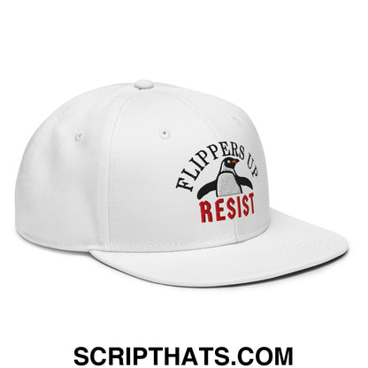 Flippers Up Resist Penguin Embroidered Flat Brim Bill Snapback Hat White