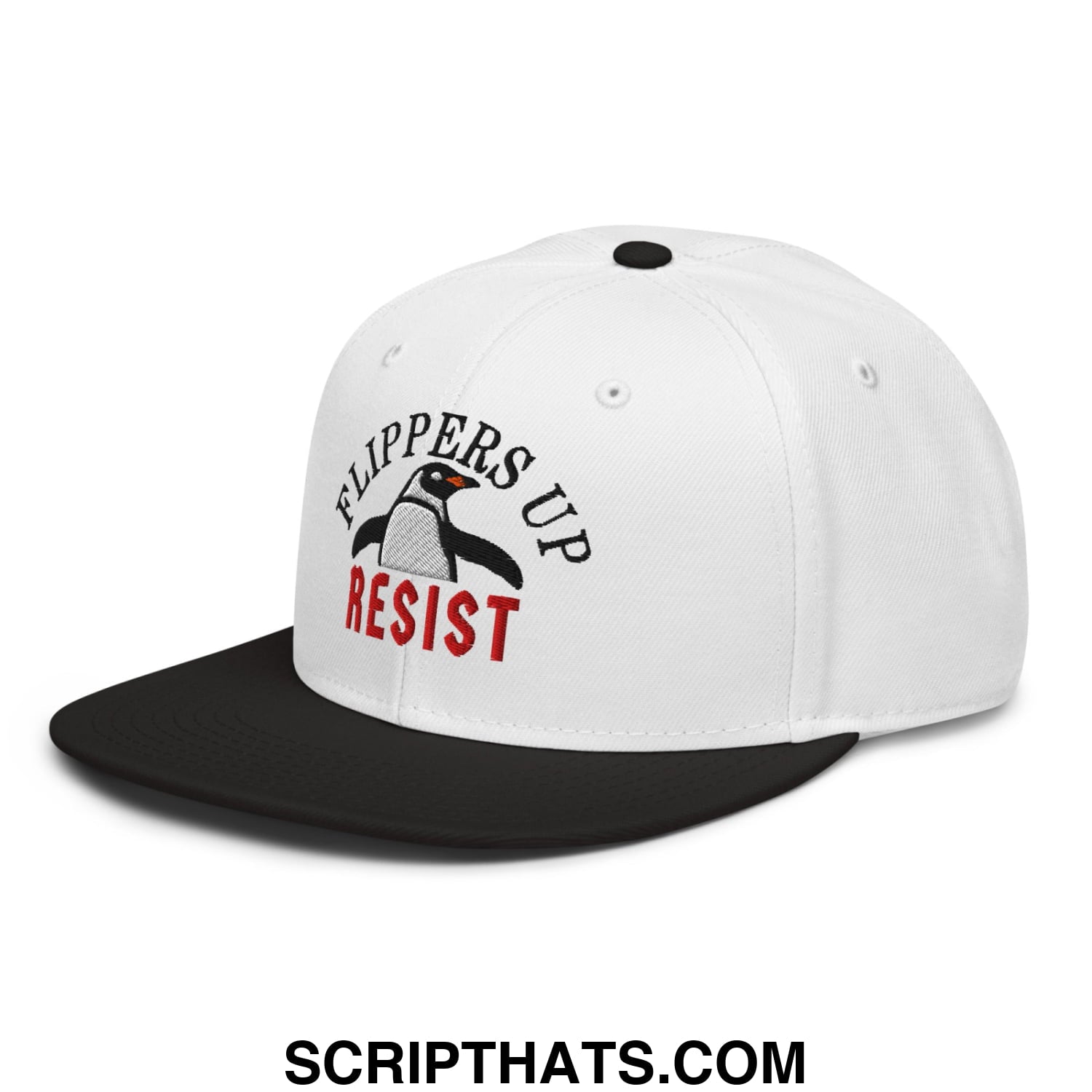 Flippers Up Resist Penguin Embroidered Flat Brim Bill Snapback Hat Black White White