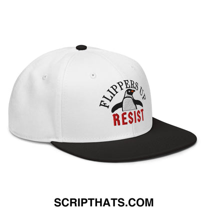 Flippers Up Resist Penguin Embroidered Flat Brim Bill Snapback Hat Black White White