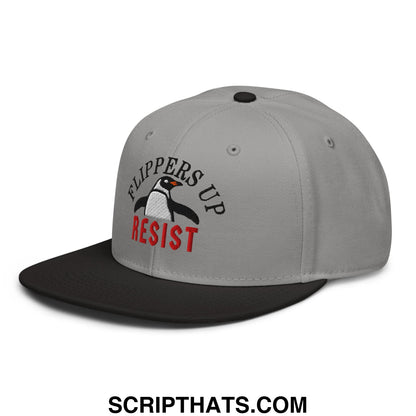 Flippers Up Resist Penguin Embroidered Flat Brim Bill Snapback Hat Black Gray Gray