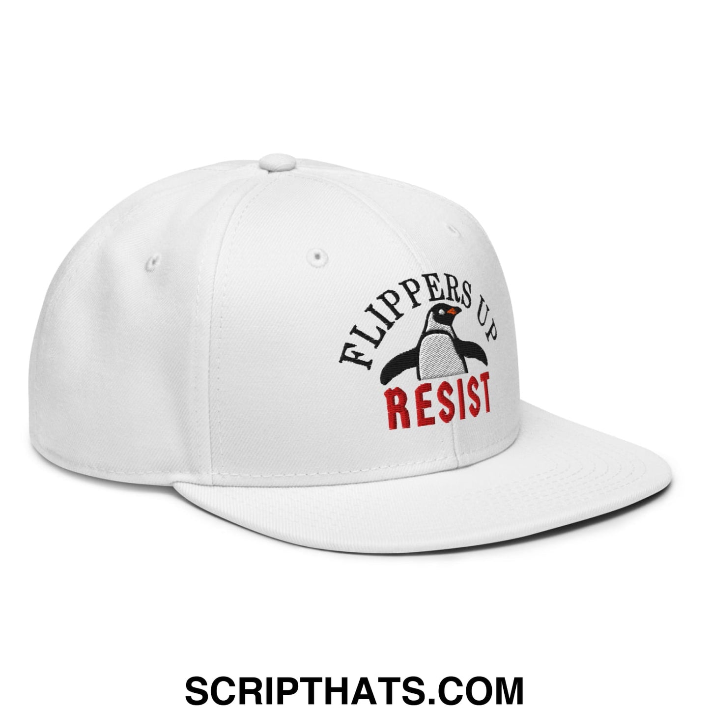 Flippers Up Resist Penguin Embroidered Flat Brim Bill Snapback Hat White