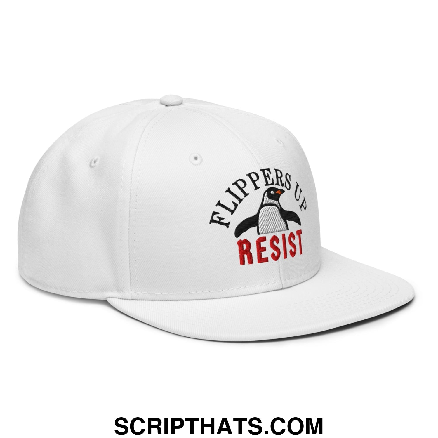Flippers Up Resist Penguin Embroidered Flat Brim Bill Snapback Hat White