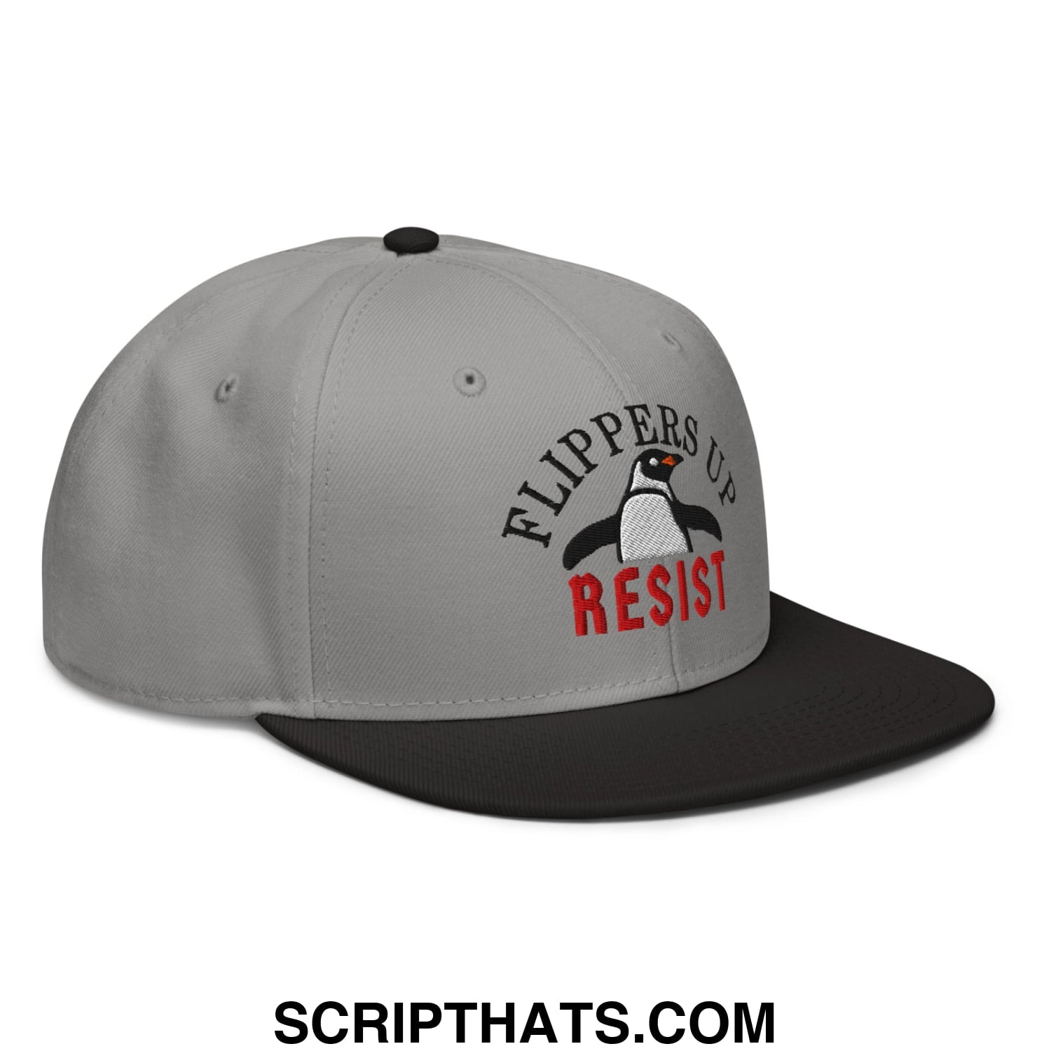 Flippers Up Resist Penguin Embroidered Flat Brim Bill Snapback Hat Black Gray Gray