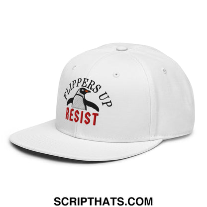 Flippers Up Resist Penguin Embroidered Flat Brim Bill Snapback Hat White