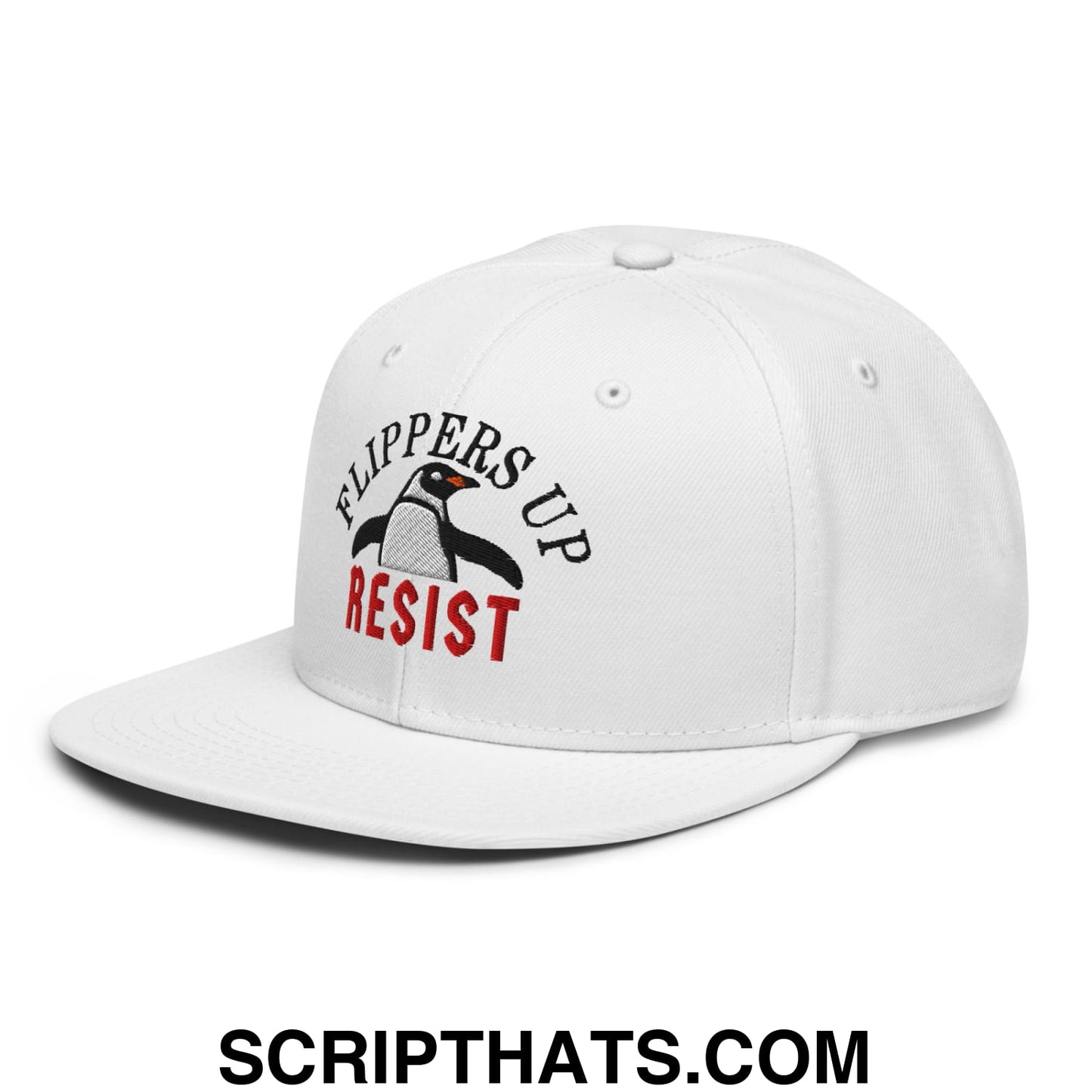 Flippers Up Resist Penguin Embroidered Flat Brim Bill Snapback Hat White