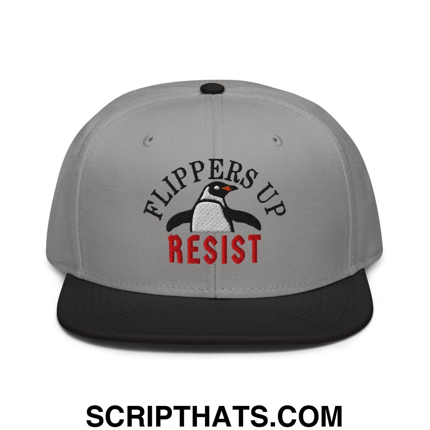 Flippers Up Resist Penguin Embroidered Flat Brim Bill Snapback Hat Black Gray Gray
