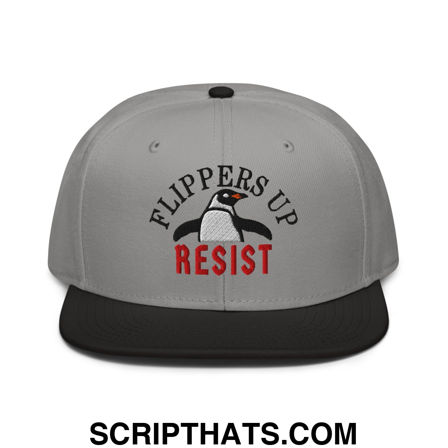 Flippers Up Resist Penguin Embroidered Flat Brim Bill Snapback Hat Black Gray Gray