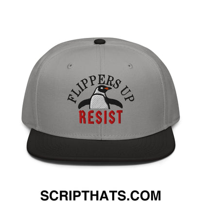 Flippers Up Resist Penguin Embroidered Flat Brim Bill Snapback Hat Black Gray Gray