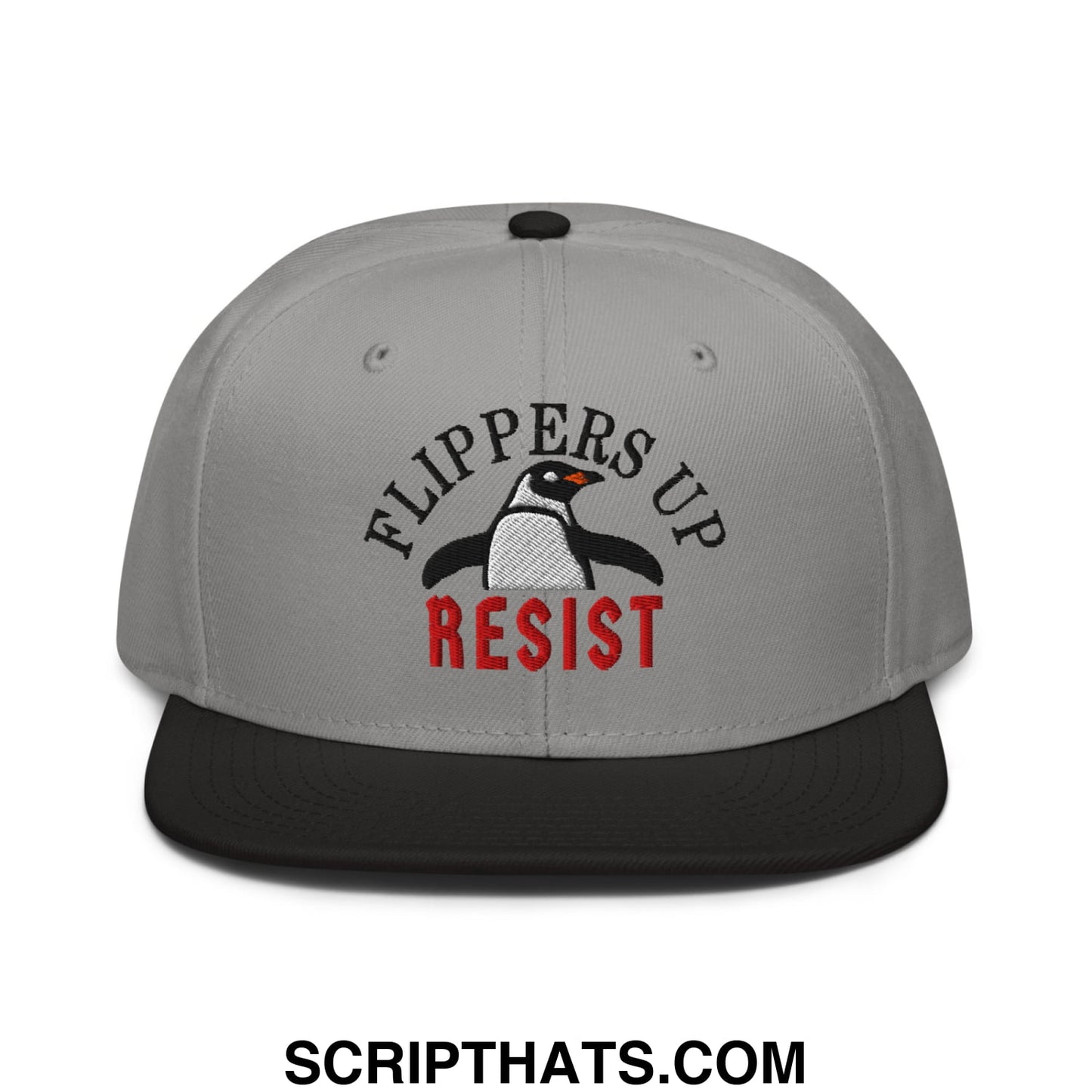 Flippers Up Resist Penguin Embroidered Flat Brim Bill Snapback Hat Black Gray Gray