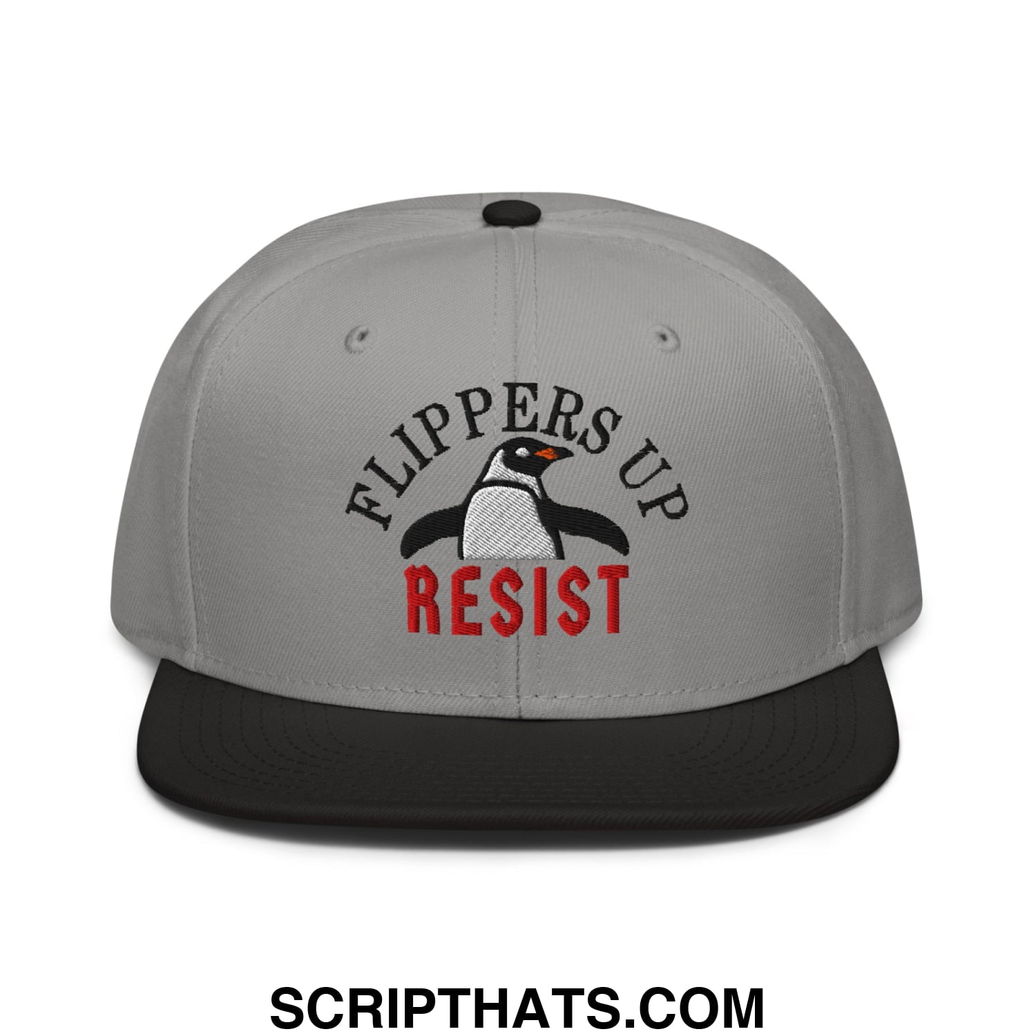 Flippers Up Resist Penguin Embroidered Flat Brim Bill Snapback Hat Black Gray Gray