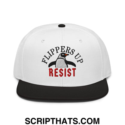Flippers Up Resist Penguin Embroidered Flat Brim Bill Snapback Hat Black White White