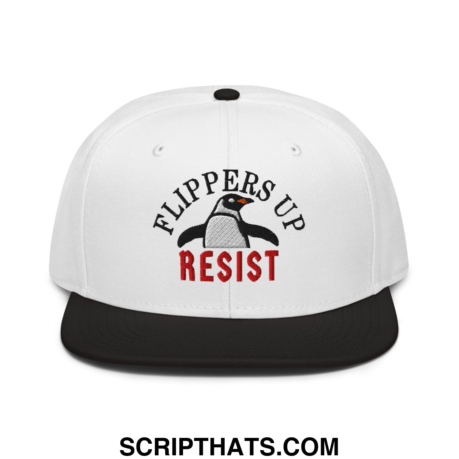 Flippers Up Resist Penguin Embroidered Flat Brim Bill Snapback Hat Black White White