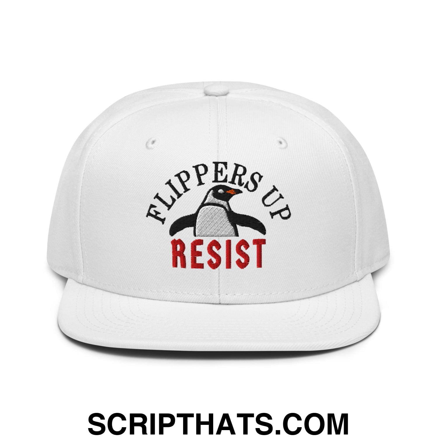Flippers Up Resist Penguin Embroidered Flat Brim Bill Snapback Hat White