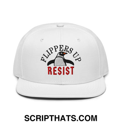 Flippers Up Resist Penguin Embroidered Flat Brim Bill Snapback Hat White