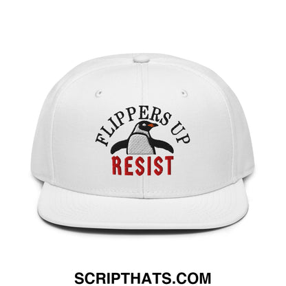Flippers Up Resist Penguin Embroidered Flat Brim Bill Snapback Hat White