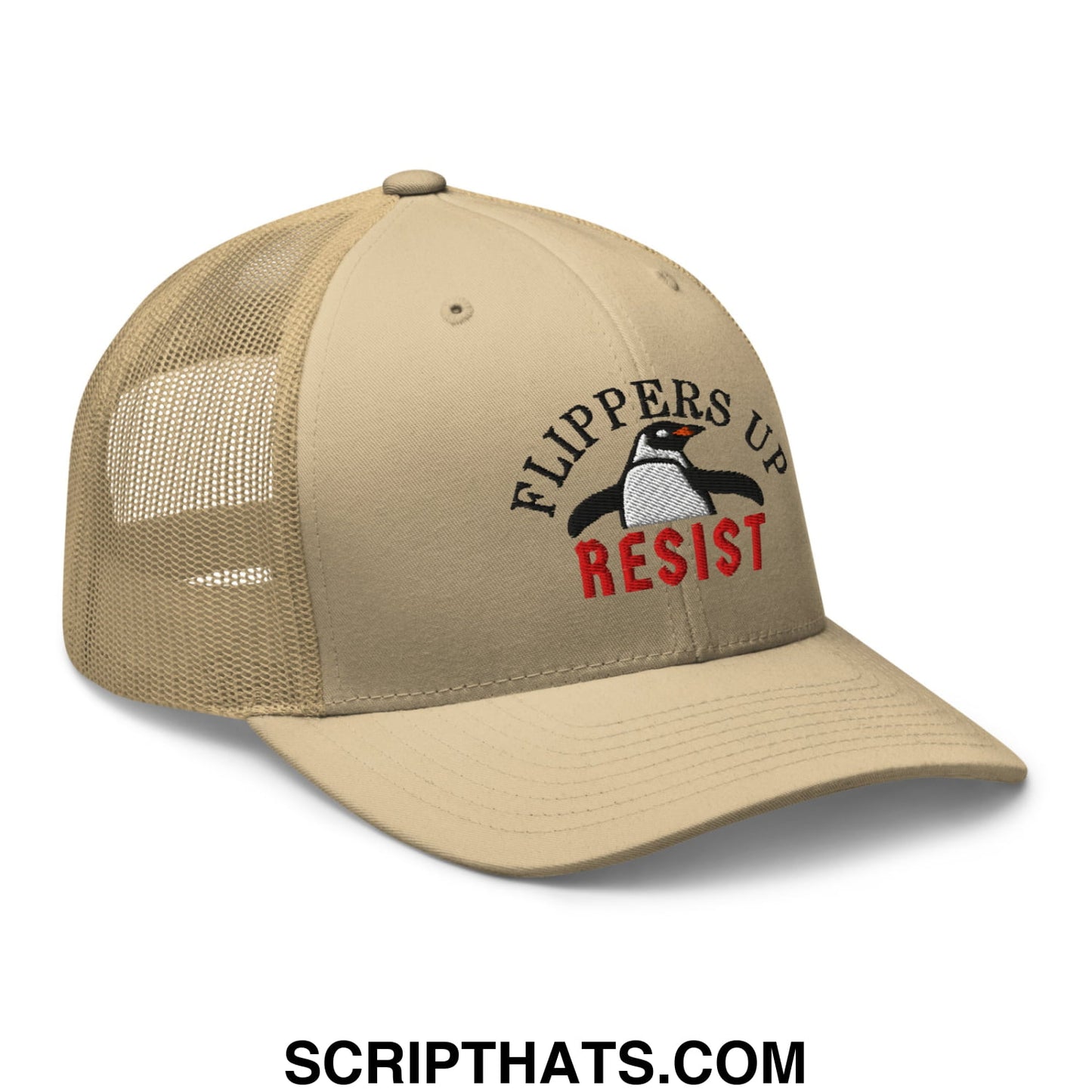 Flippers Up Resist Penguin Embroidered Mesh Trucker Hat Khaki