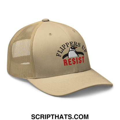 Flippers Up Resist Penguin Embroidered Mesh Trucker Hat Khaki