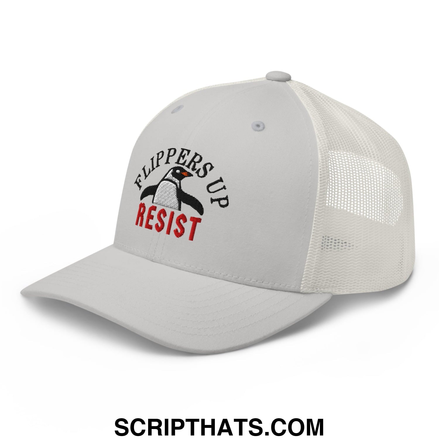 Flippers Up Resist Penguin Embroidered Mesh Trucker Hat Silver
