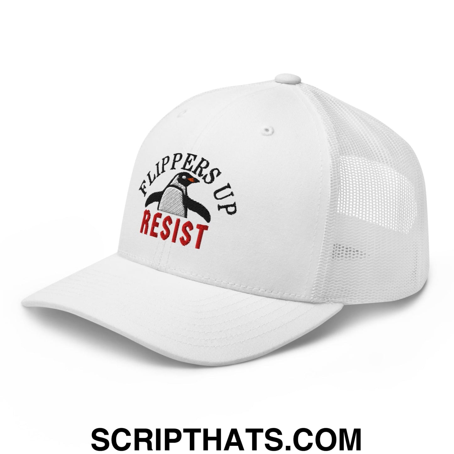 Flippers Up Resist Penguin Embroidered Mesh Trucker Hat White