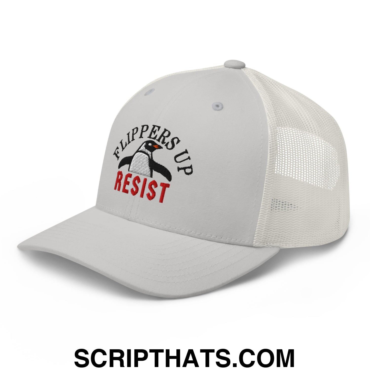 Flippers Up Resist Penguin Embroidered Mesh Trucker Hat Silver