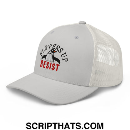 Flippers Up Resist Penguin Embroidered Mesh Trucker Hat Silver