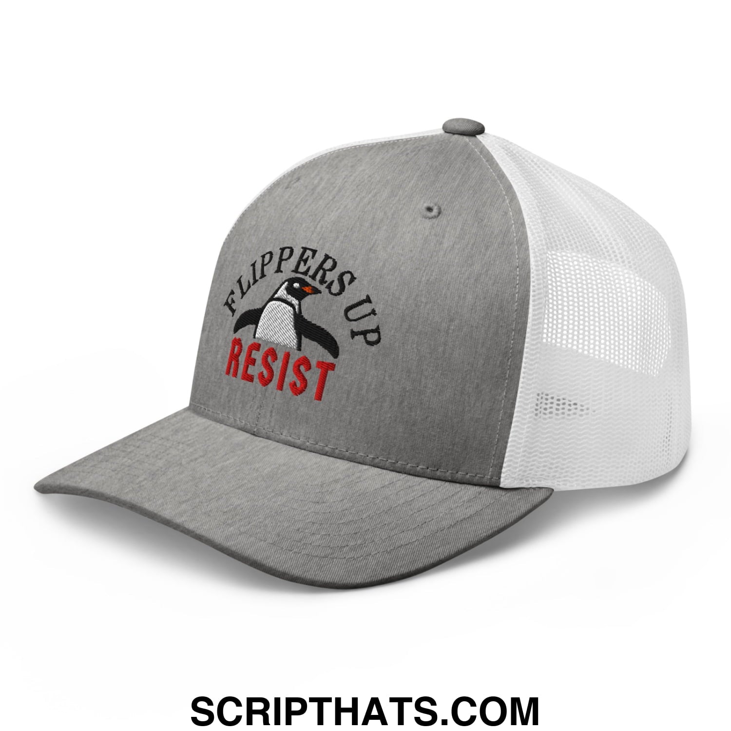 Flippers Up Resist Penguin Embroidered Mesh Trucker Hat Heather Grey White