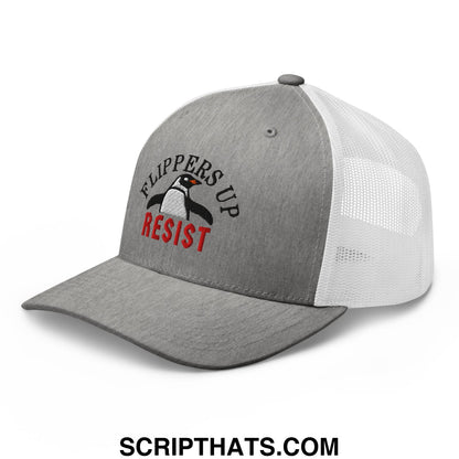 Flippers Up Resist Penguin Embroidered Mesh Trucker Hat Heather Grey White