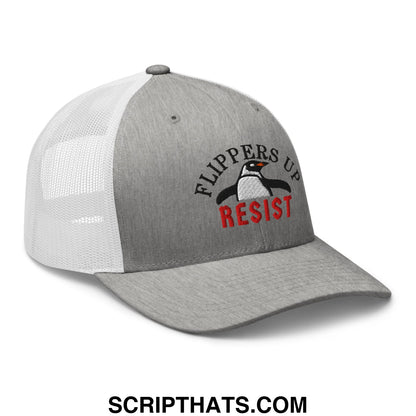 Flippers Up Resist Penguin Embroidered Mesh Trucker Hat Heather Grey White