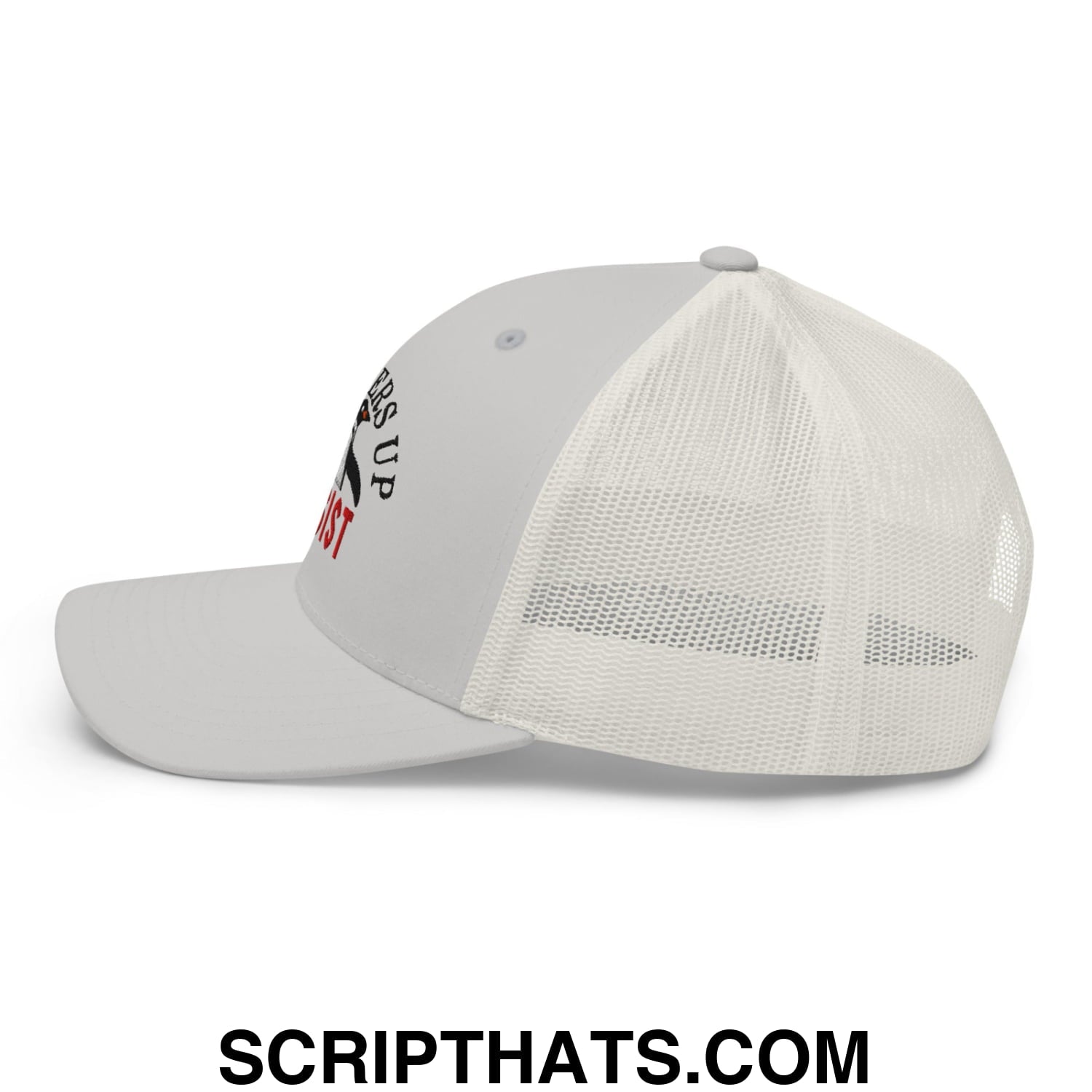 Flippers Up Resist Penguin Embroidered Mesh Trucker Hat Silver