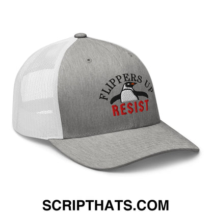 Flippers Up Resist Penguin Embroidered Mesh Trucker Hat Heather Grey White