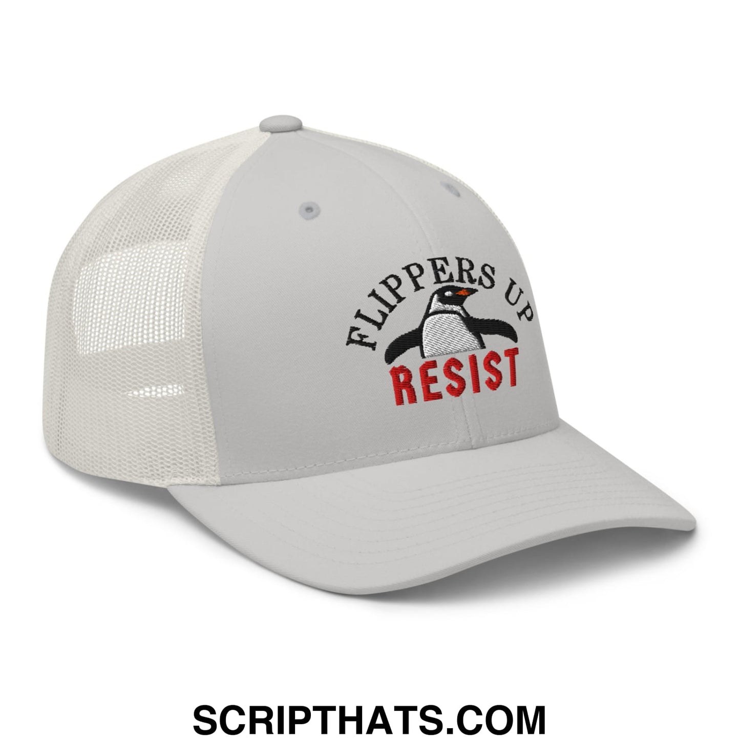 Flippers Up Resist Penguin Embroidered Mesh Trucker Hat Silver