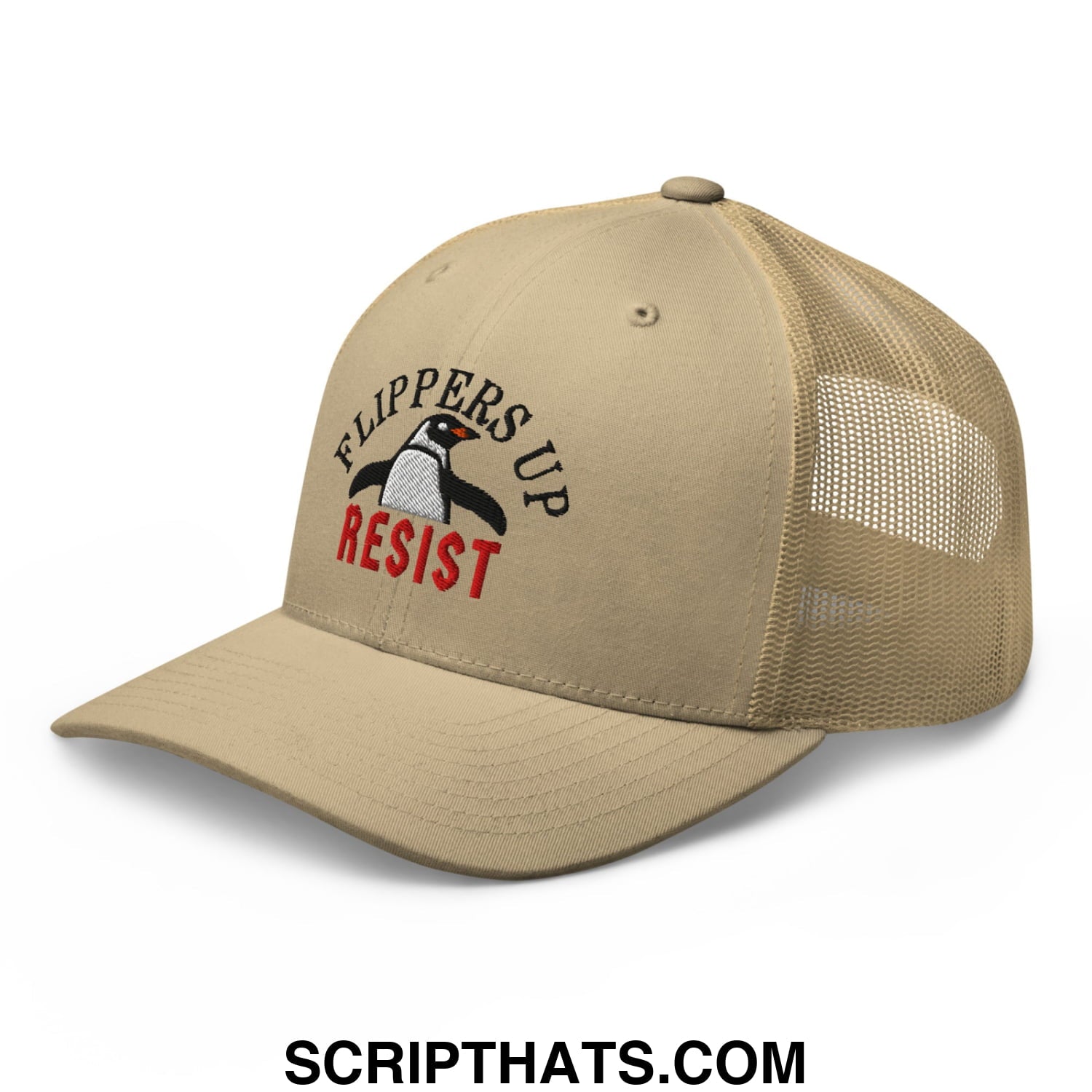 Flippers Up Resist Penguin Embroidered Mesh Trucker Hat Khaki