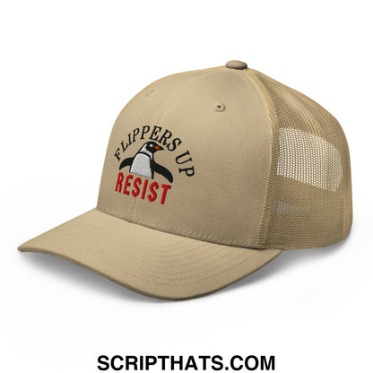 Flippers Up Resist Penguin Embroidered Mesh Trucker Hat Khaki