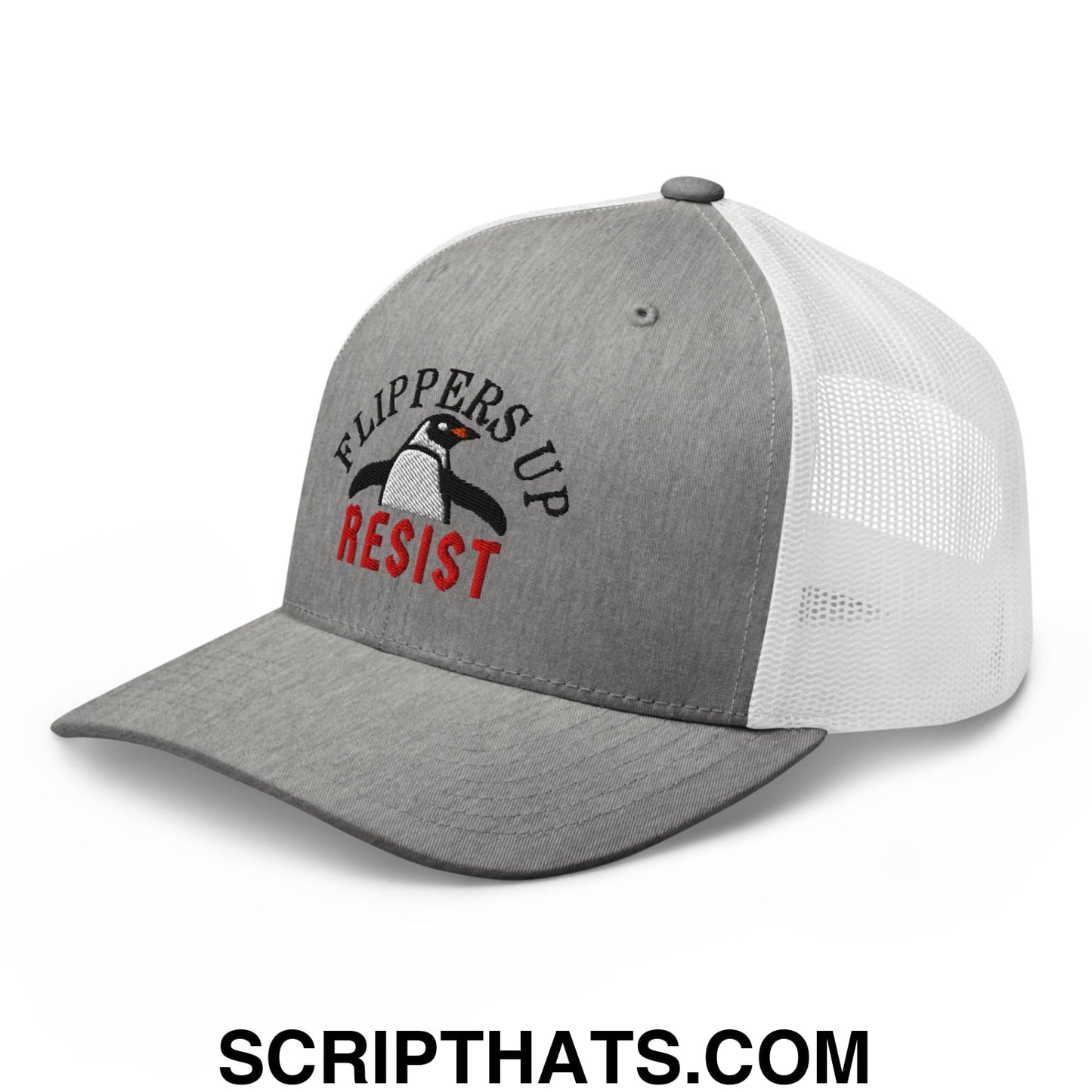 Flippers Up Resist Penguin Embroidered Mesh Trucker Hat Heather Grey White