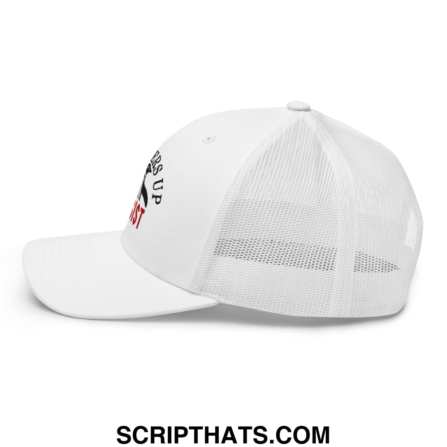 Flippers Up Resist Penguin Embroidered Mesh Trucker Hat White