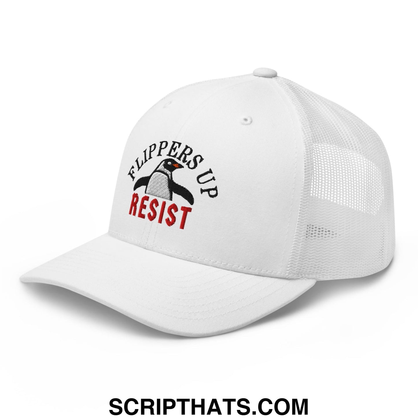 Flippers Up Resist Penguin Embroidered Mesh Trucker Hat White