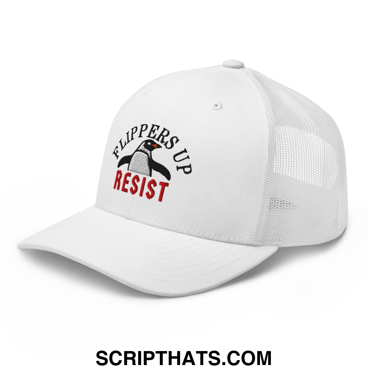 Flippers Up Resist Penguin Embroidered Mesh Trucker Hat White
