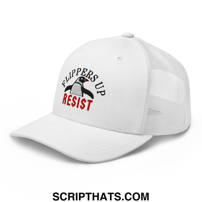 Flippers Up Resist Penguin Embroidered Mesh Trucker Hat White